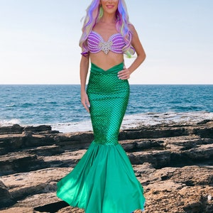 Green Fish Scale Mermaid Skirt Halloween Costume with Slim Waistband Design