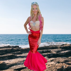 Red Sequin Mermaid Costume Tail Skirt with High Waisted Slimming Design Features