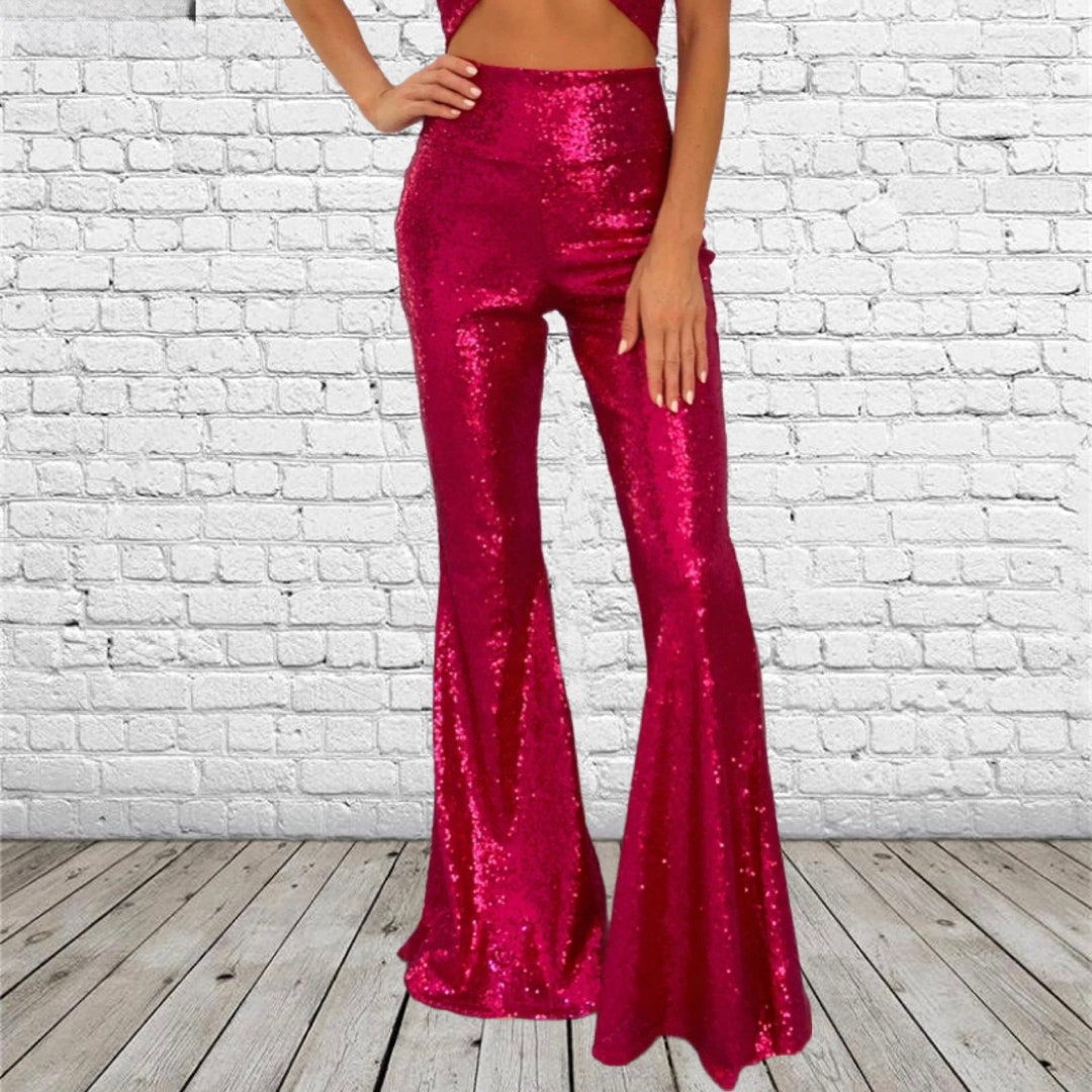 AMERI　UND GLITTER FLARE PANTS Women Sequin Flare Pants Sparkle Wide Leg High Waist Glitter