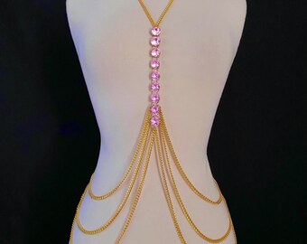 Pink Rhinestone Crystal Body Chain Bra Top