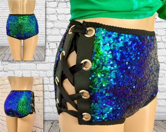 Women Shiny Sequin High Waisted Side Lace-up Hot Pants Rave Booty Dance Shorts Clubwear