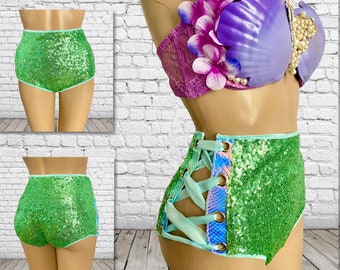 Women Shiny Sequin High Waisted Side Lace-up Hot Pants Rave Booty Dance Shorts Clubwear