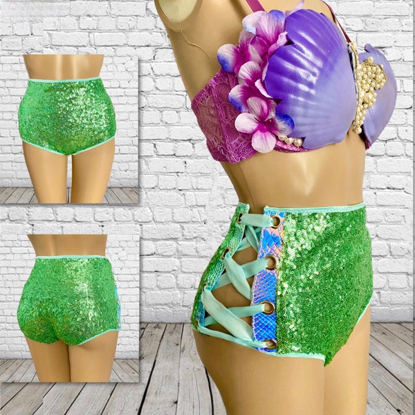 Women Shiny Sequin High Waisted Side Lace-up Hot Pants Rave Booty Dance Shorts Clubwear