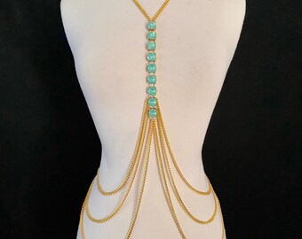 Green Opal Rhinestone Crystal Body Chain Bra Top