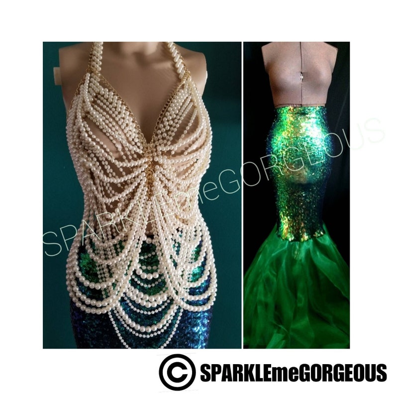 Women Mermaid Costume, Pearl Body Chain Top, Green Mermaid Tail, Each Item Is Sold Separate image 1