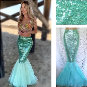 Aqua blue mint sequin mermaid tail skirt Halloween costume