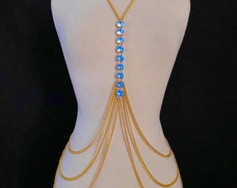 Blue Opal Rhinestone Crystal Body Chain Bra Top