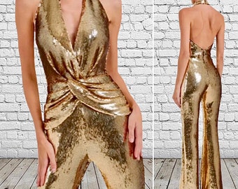 Gold Sequin Jumpsuit for Women Disco Boho Festival Clothing