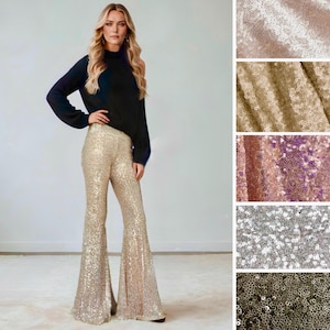 May include: A woman wearing a black long-sleeve top and gold sequin flare pants. The pants have a high waist and a wide leg. The image also shows close-ups of fabric samples in various colors, including gold, silver, and rose gold.