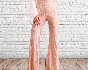 Women Rose Gold Sequin Pants Bell Bottom Flare Hippie Disco Glitter Sparkle Boho Tall Long