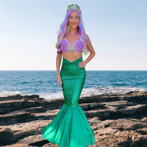Walkable Green Fish Scale Mermaid Skirt Halloween Costume with Slim Waistband Design