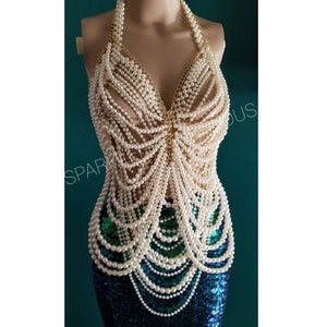 Women Mermaid Costume, Pearl Body Chain Top, Green Mermaid Tail, Each Item Is Sold Separate image 2