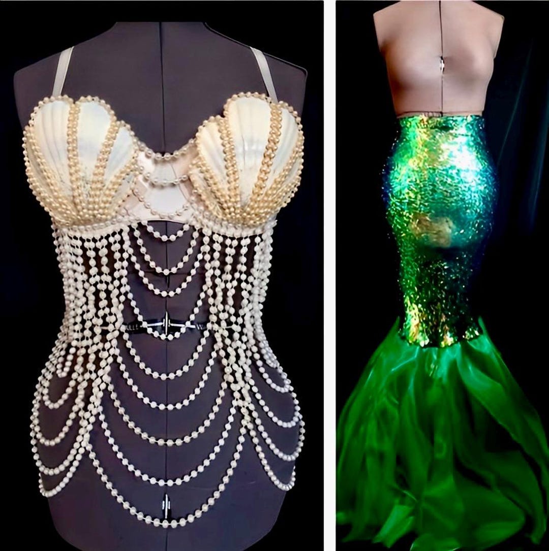 Adult Sequin Mermaid Costume, Shell Bra or Walkable Tail, Each Item Sold Separate