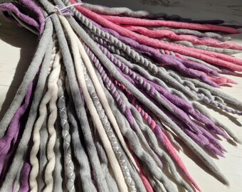 Handmade Wool Dreadlocks: Purple, Grey, Pink, White Twisted Braids
