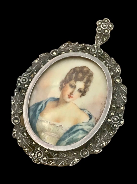 Antique portrait miniature pendant  in sterling s… - image 1