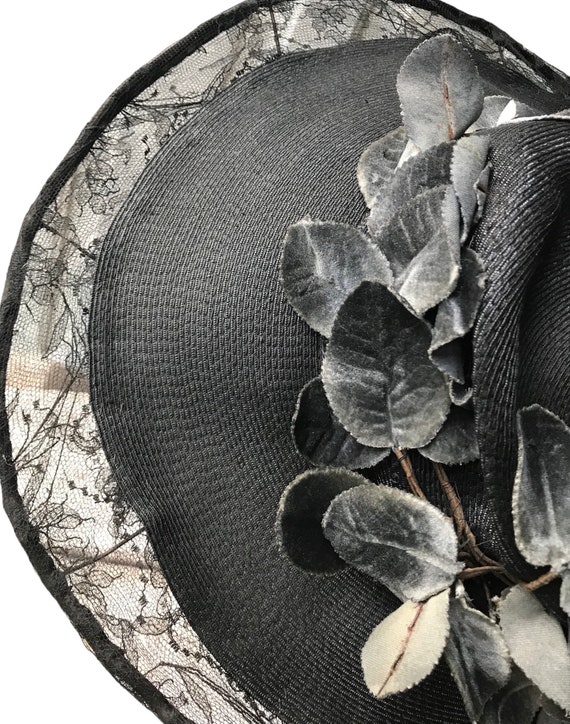 Vintage Straw Black Hat with Velvet Leaves and Ch… - image 3