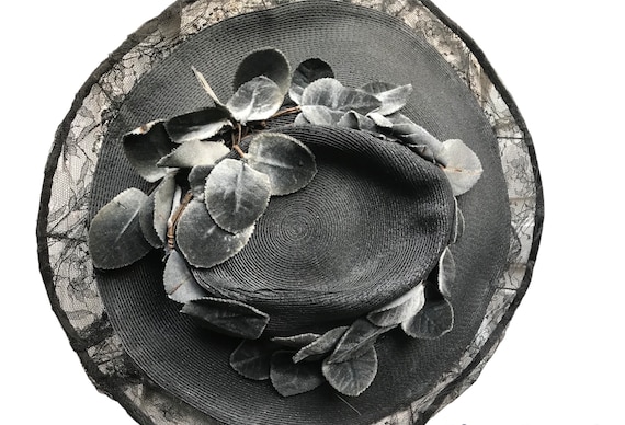 Vintage Straw Black Hat with Velvet Leaves and Ch… - image 1