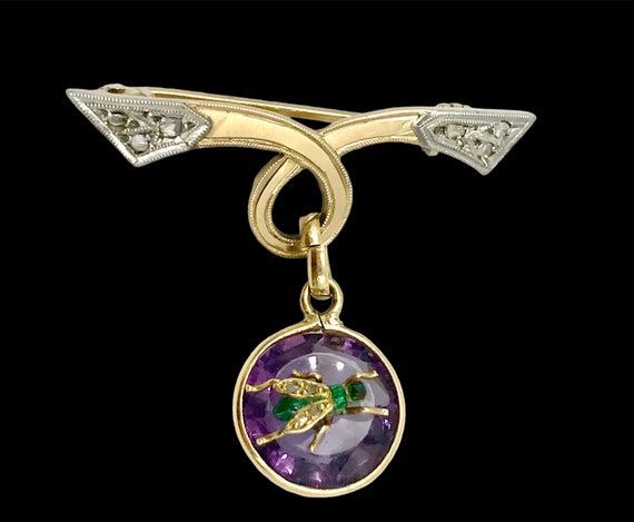 Antique 18k Gold insect Brooch amethyst, diamonds… - image 1