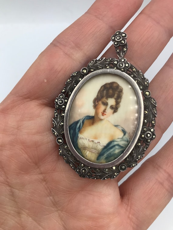 Antique portrait miniature pendant  in sterling s… - image 8