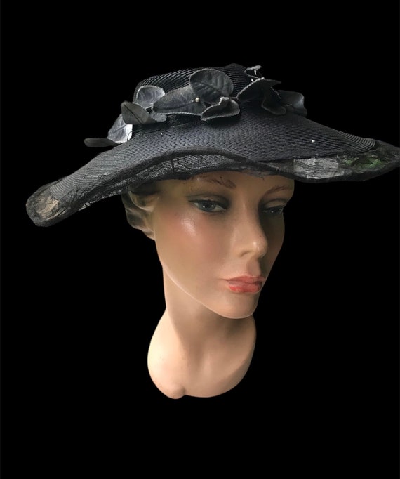 Vintage Straw Black Hat with Velvet Leaves and Ch… - image 7