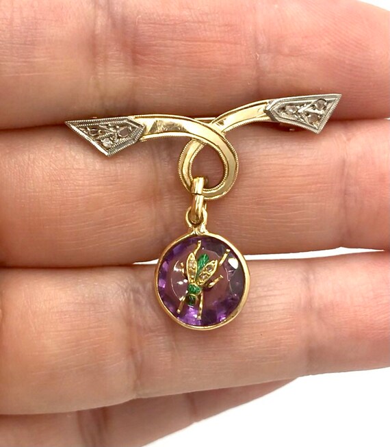 Antique 18k Gold insect Brooch amethyst, diamonds… - image 7