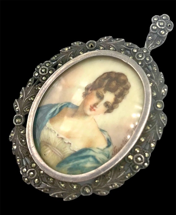 Antique portrait miniature pendant  in sterling s… - image 2
