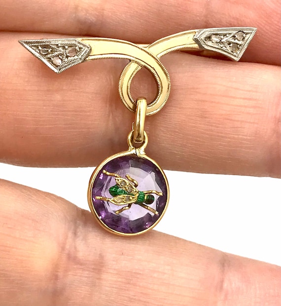 Antique 18k Gold insect Brooch amethyst, diamonds… - image 2