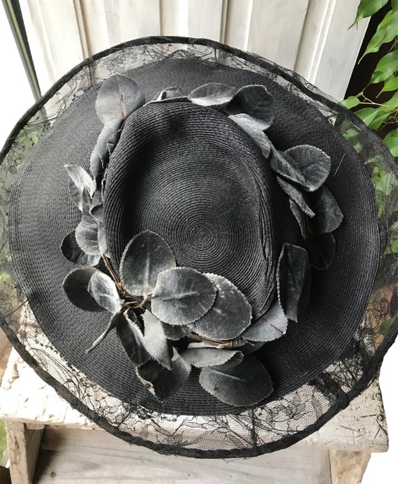 Vintage Straw Black Hat with Velvet Leaves and Ch… - image 4