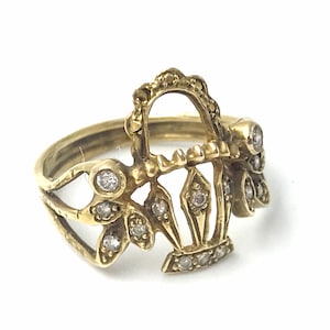 Cesta de anillo de oro antiguo con diamantes, anillo de oro victoriano 14k, diamantes de corte europeo antiguo.