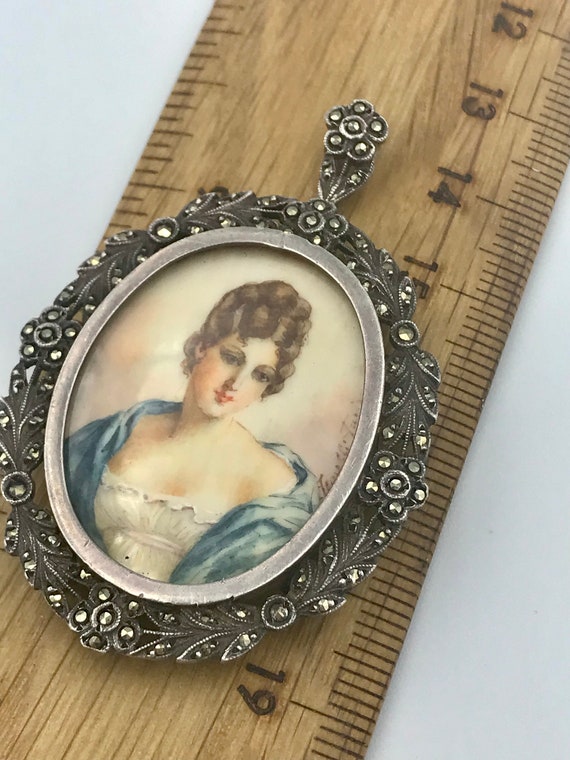 Antique portrait miniature pendant  in sterling s… - image 3