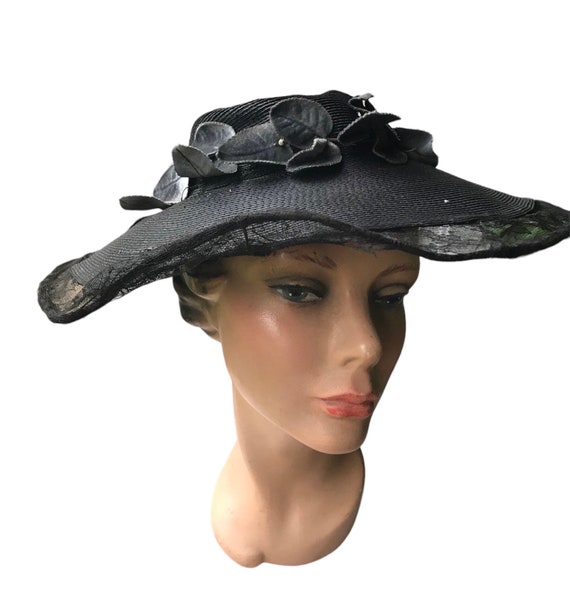 Vintage Straw Black Hat with Velvet Leaves and Ch… - image 5