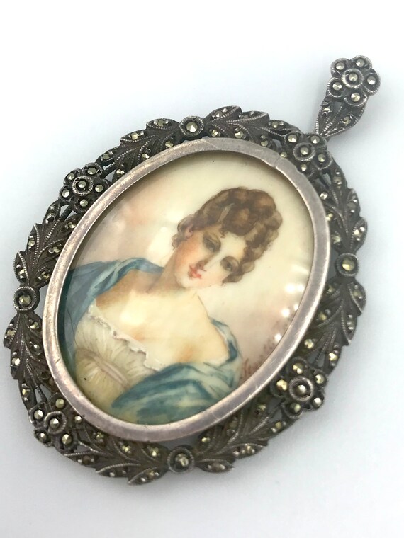 Antique portrait miniature pendant  in sterling s… - image 4