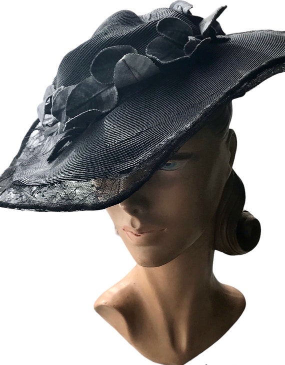 Vintage Straw Black Hat with Velvet Leaves and Ch… - image 2