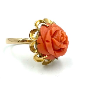 Anillo vintage de coral de oro de 18 k tallado en rosa, anillo de oro coral vintage de oro macizo de 18 k, anillo de oro de 18 k tallado en rosa, anillo de cóctel de coral rojo vintage