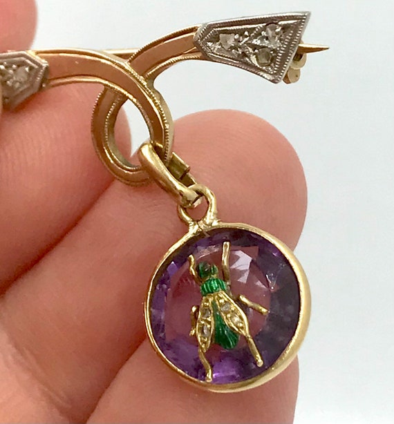 Antique 18k Gold insect Brooch amethyst, diamonds… - image 9