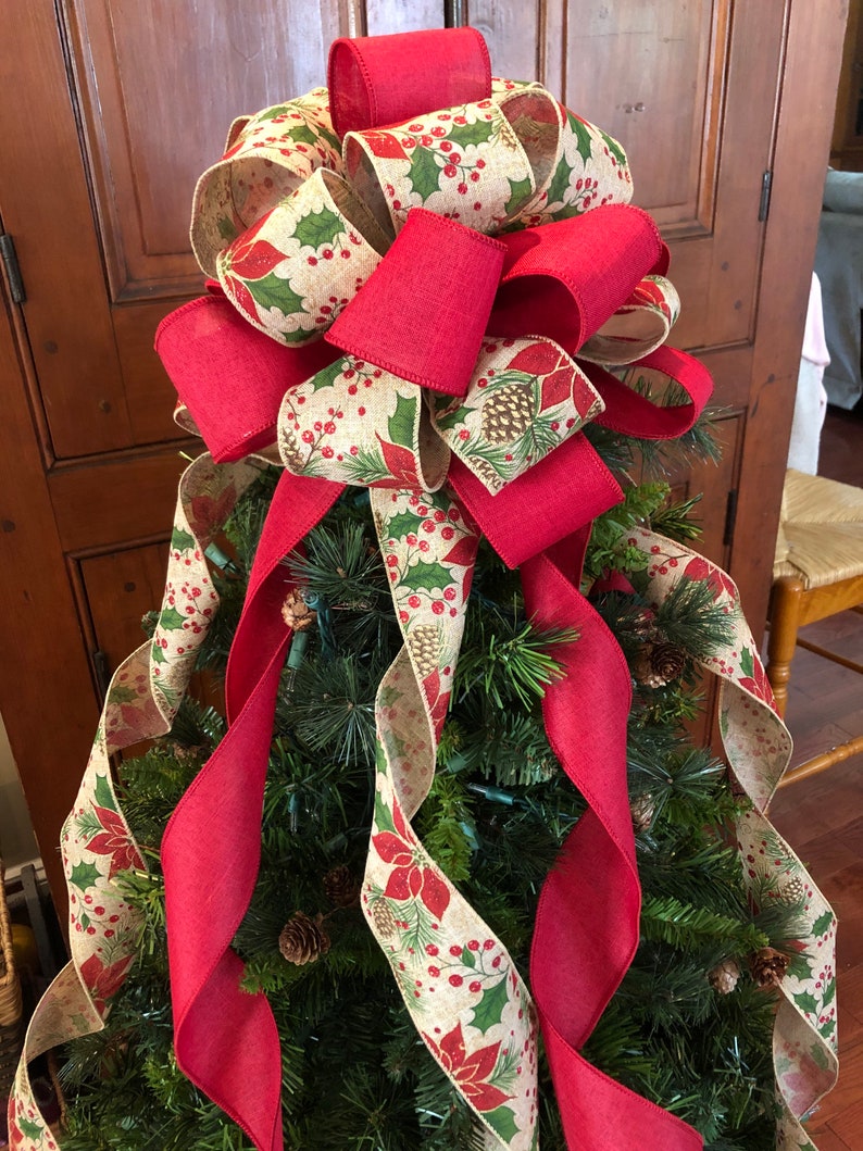 Christmas Holiday Tree Topper Red Poinsettia Burlap Glitter Etsy