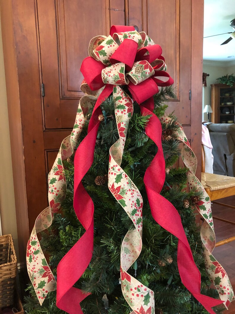 Christmas Holiday Tree Topper Red Poinsettia Burlap Glitter - Etsy