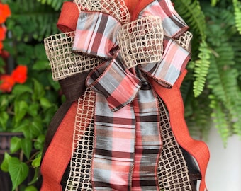 Rust orange fall plaid multi ribbon burlap brown rustic country farmhouse everyday lantern basket wreath bow