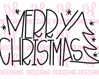 May include: Black and white graphic with the words "MERRY CHRISTMAS" in a whimsical font, accompanied by a stylized Christmas tree and snowflakes. The design is suitable for holiday-themed crafts and decorations.