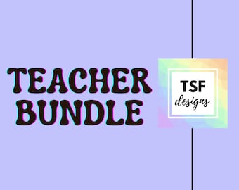 May include: A light purple background with the words "TEACHER BUNDLE" in brown, outlined in teal and pink. A square with a rainbow geometric design and the text "TSF designs" is on the right.