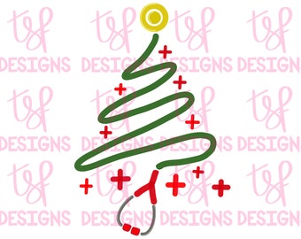 May include: A whimsical Christmas tree design in green with red plus signs as ornaments and a yellow star on top. The tree is stylized with a stethoscope at the bottom. The background has the text "TSF DESIGNS" repeated.