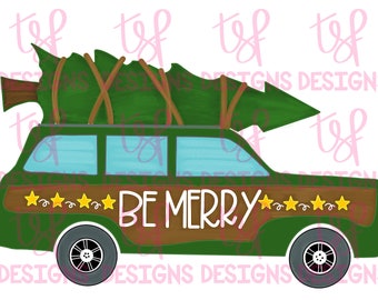 May include: A green station wagon illustration with a Christmas tree tied to the roof. The car has brown wood paneling, blue windows, and the text "BE MERRY" with yellow stars. The tires are black with white rims.