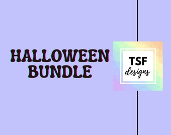 May include: A light purple background with the words "HALLOWEEN BUNDLE" in dark brown, outlined in black. A logo in the bottom right corner features a rainbow geometric design with the text "TSF designs" in a white box.