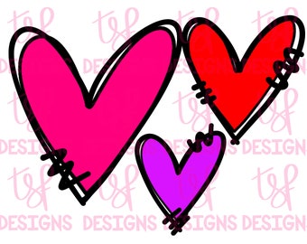 May include: Three hand-drawn hearts in different colors: pink, red, and purple. The hearts have a stitched outline, giving them a whimsical and handmade look.