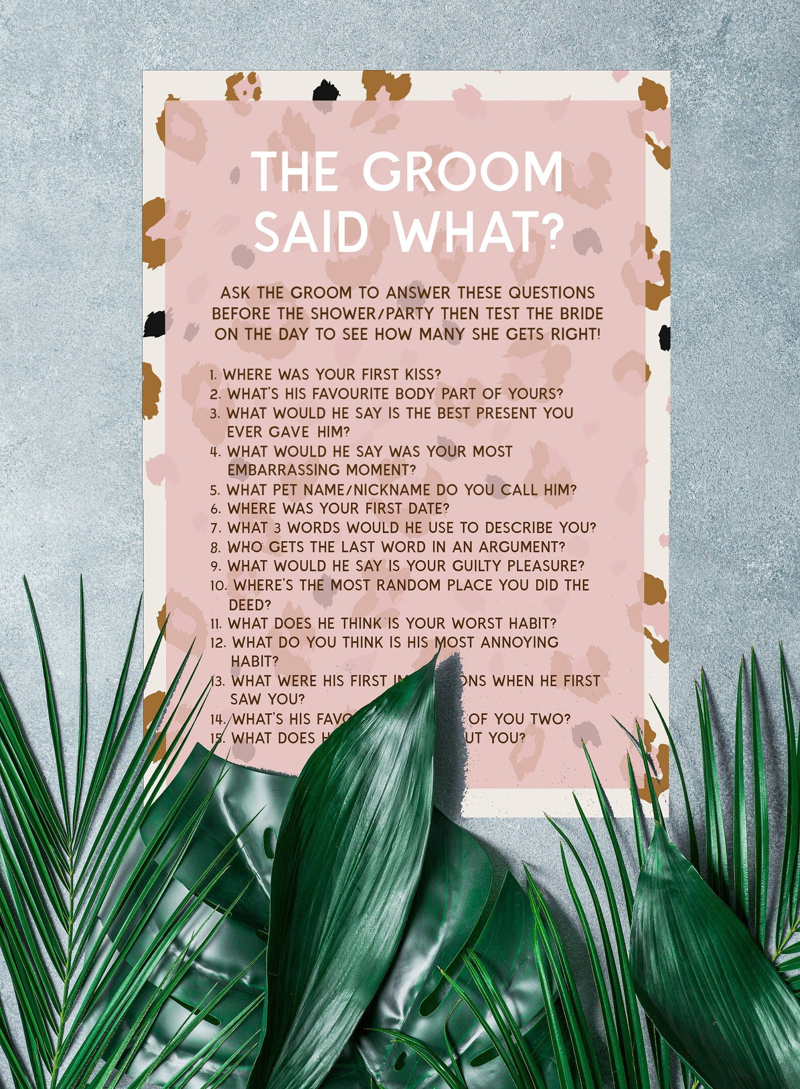 The Groom Said What Game | Bridal Shower Game | Animal Print | Bachelorette Games | Tropical | Hen Party Games | Leopard Print