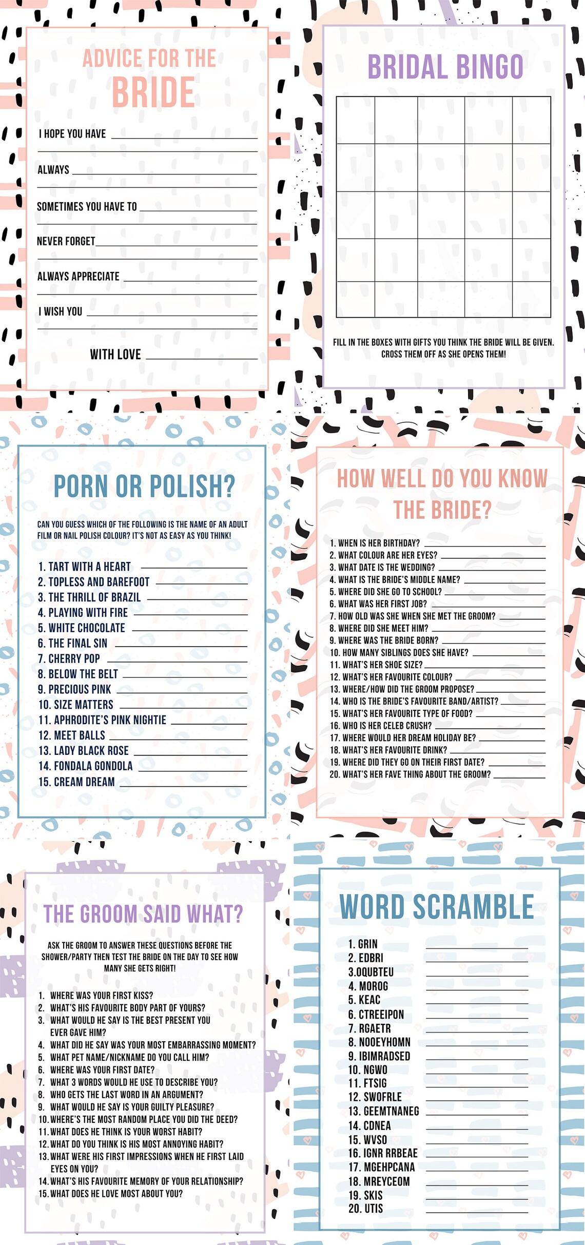 Printable Bachelorette Party Gamesconfetti Bridal Shower | Etsy