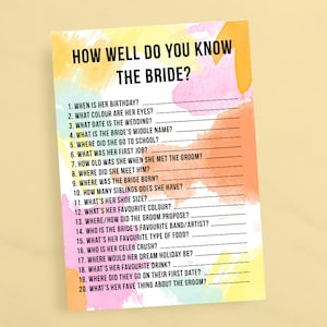 How Well Do You Know The Bride Game | Who Knows The Bride Best | Watercolour | Bachelorette Games | Pink | Hen Party Games