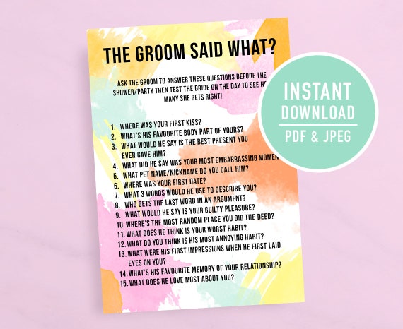The Groom Said What Game Bridal Shower Game Watercolour Etsy