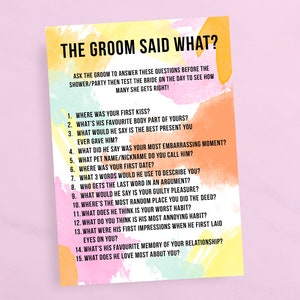 The Groom Said What Game | Bridal Shower Game | Watercolour | Bachelorette Games | Pink | Hen Party Games