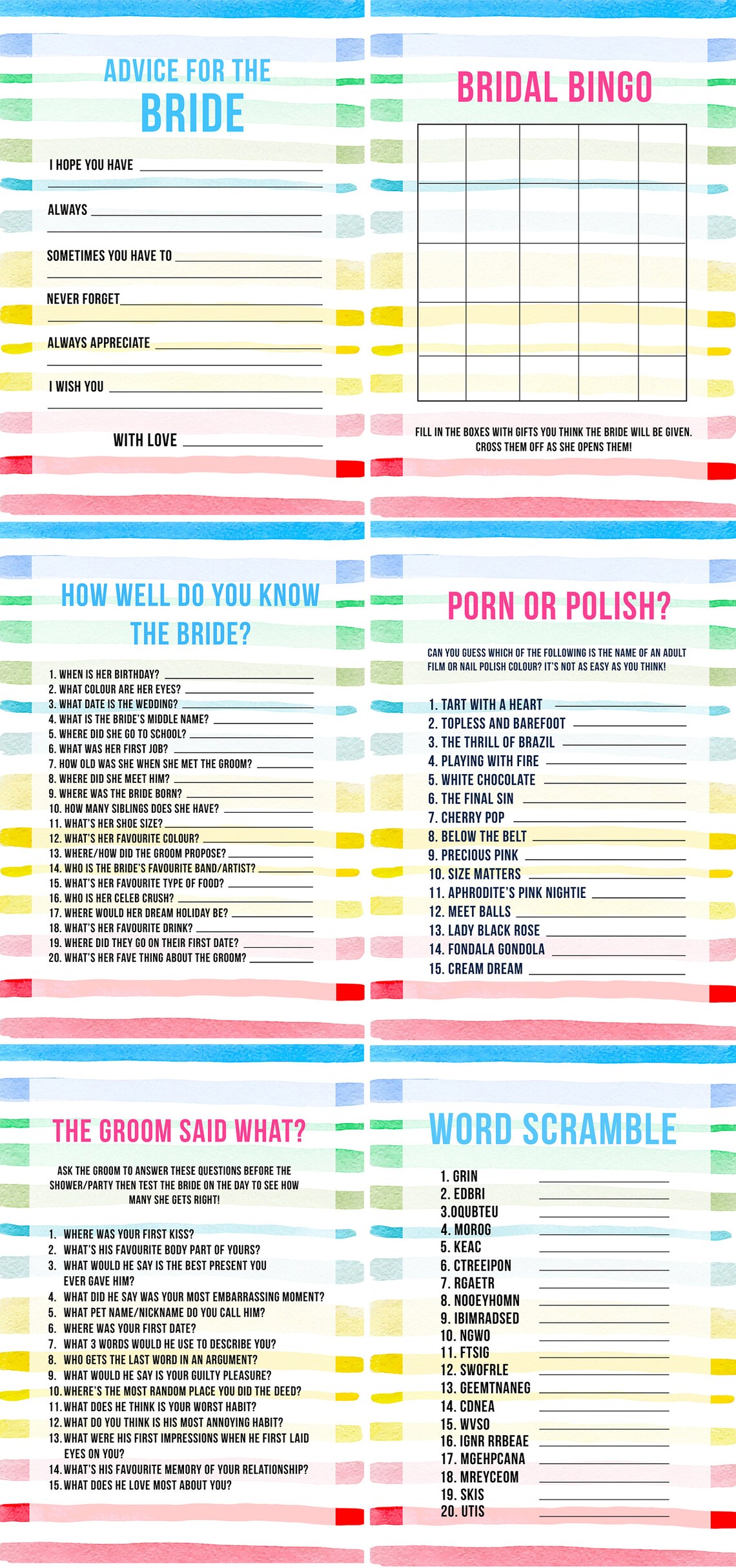 Printable Bachelorette Party Games Rainbow Watercolour - Etsy